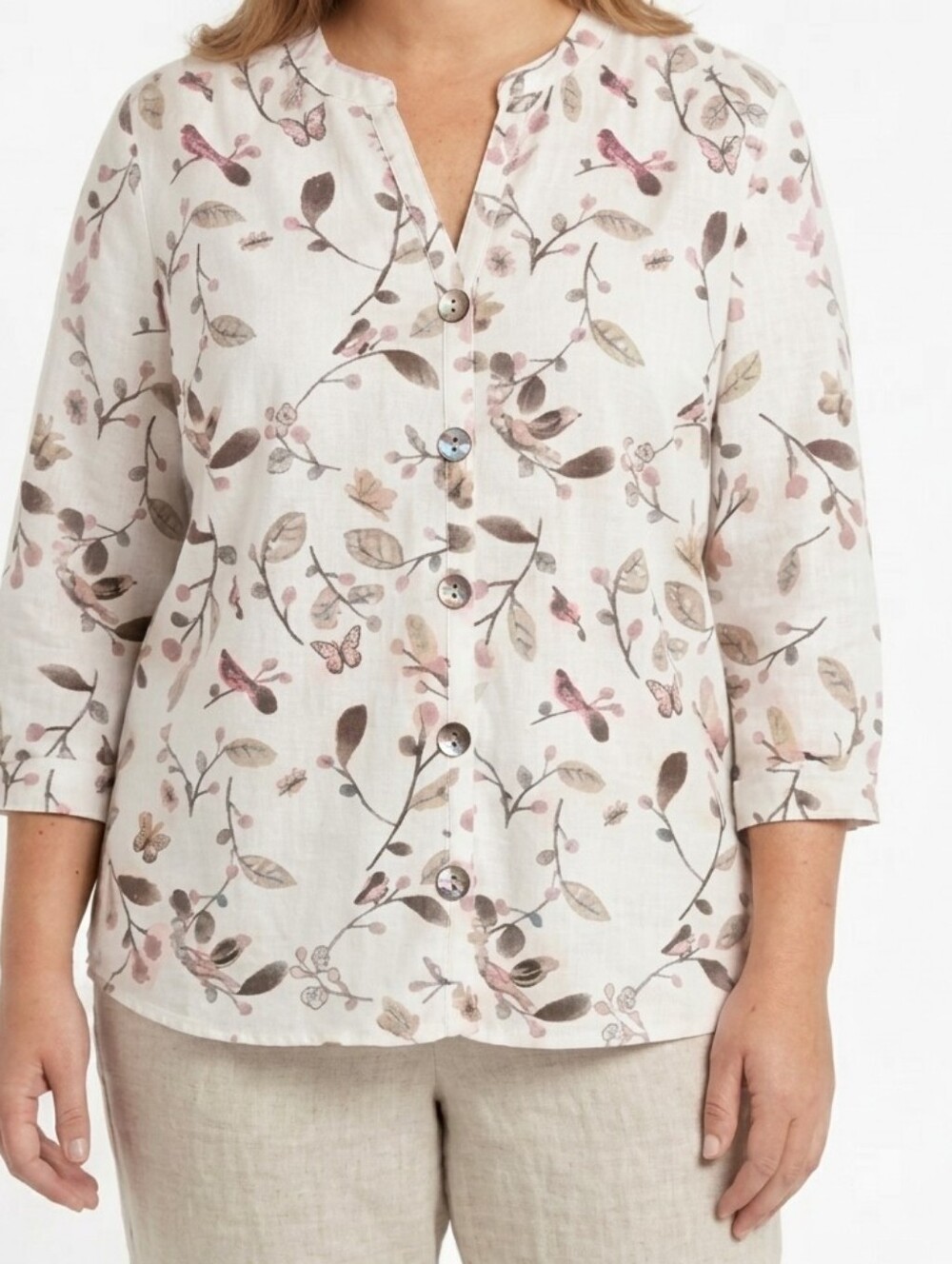 Botanical Button-Front Cotton Blouse
